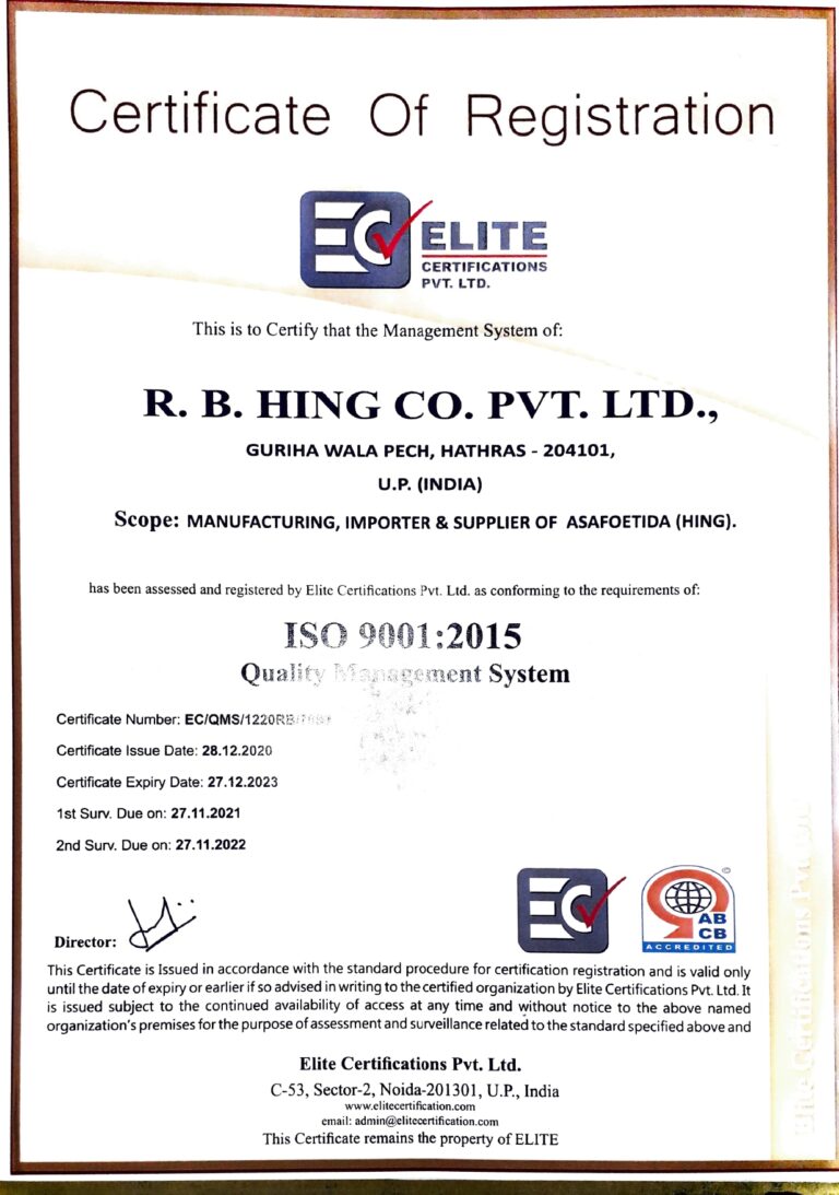 RB Hing Co Pvt Ltd Hingwala Quality Policy